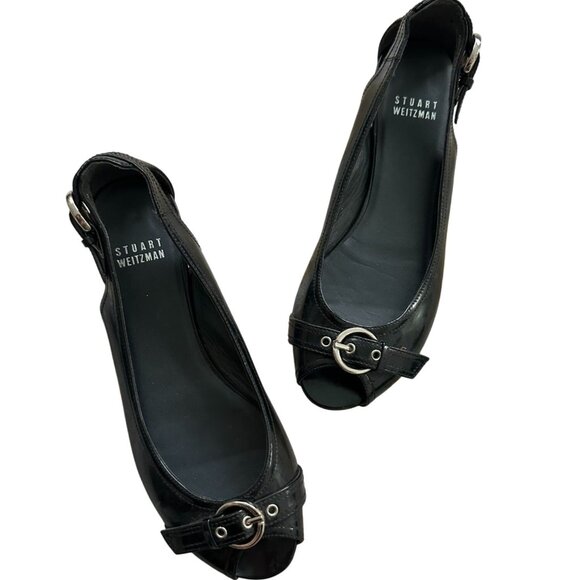 STUART WEITZMAN Black Patent Leather Peeptoe Buckle Flats Size 6.5 - Picture 6 of 9